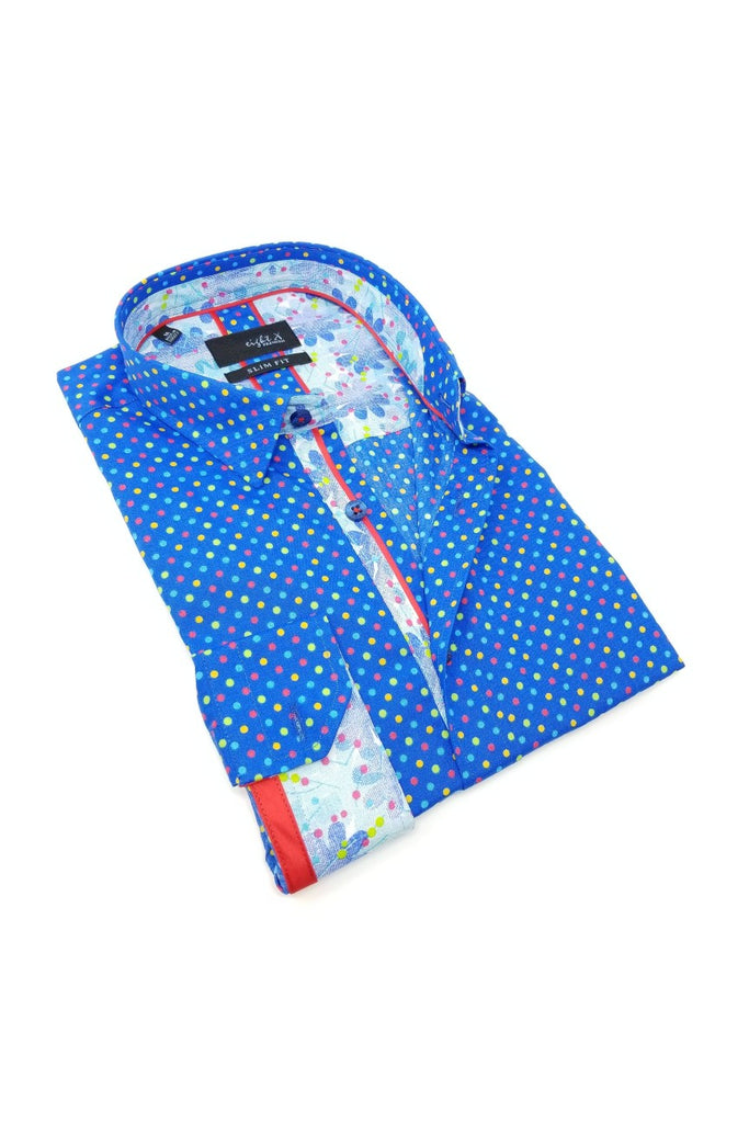 Colorful Blue Dots Button Down Print Shirt W/ Trim Long Sleeve Button Down Eight-X   