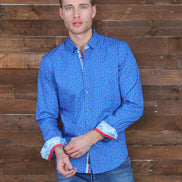 Colorful Blue Dots Button Down Print Shirt W/ Trim Long Sleeve Button Down Eight-X   
