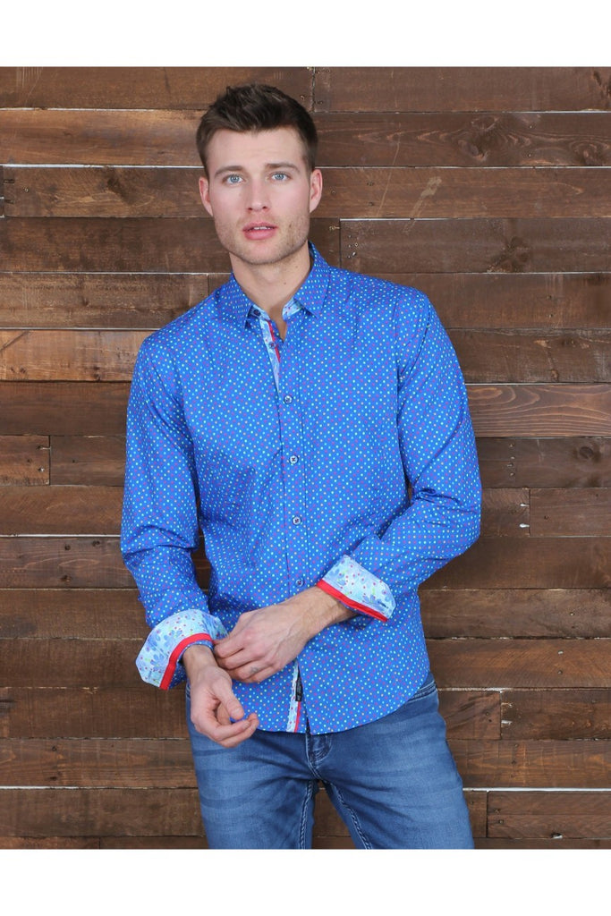 Colorful Blue Dots Button Down Print Shirt W/ Trim Long Sleeve Button Down Eight-X   