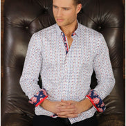 White Print Button Down Shirt With Trim Long Sleeve Button Down Eight-X   