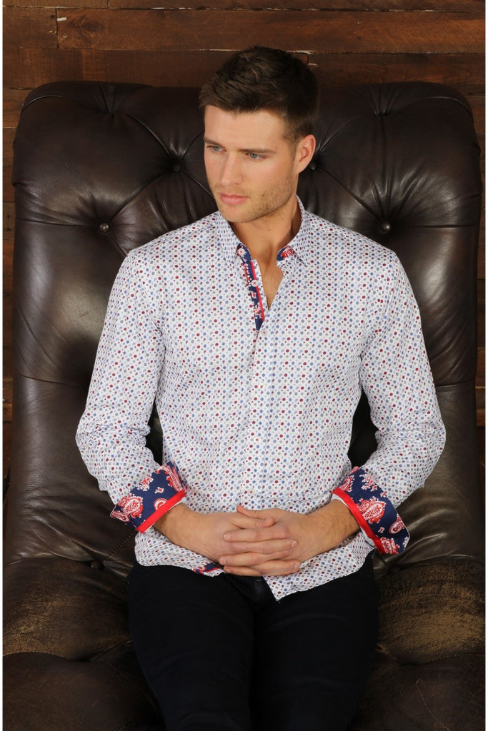 White Print Button Down Shirt With Trim Long Sleeve Button Down Eight-X   