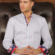 White Print Button Down Shirt With Trim Long Sleeve Button Down Eight-X   
