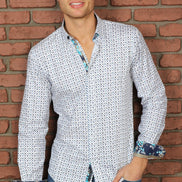 Turquoise Print Button Down Shirt W/ Trim Long Sleeve Button Down Eight-X   