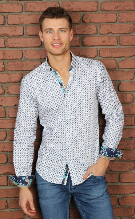 Turquoise Print Button Down Shirt W/ Trim Long Sleeve Button Down Eight-X   