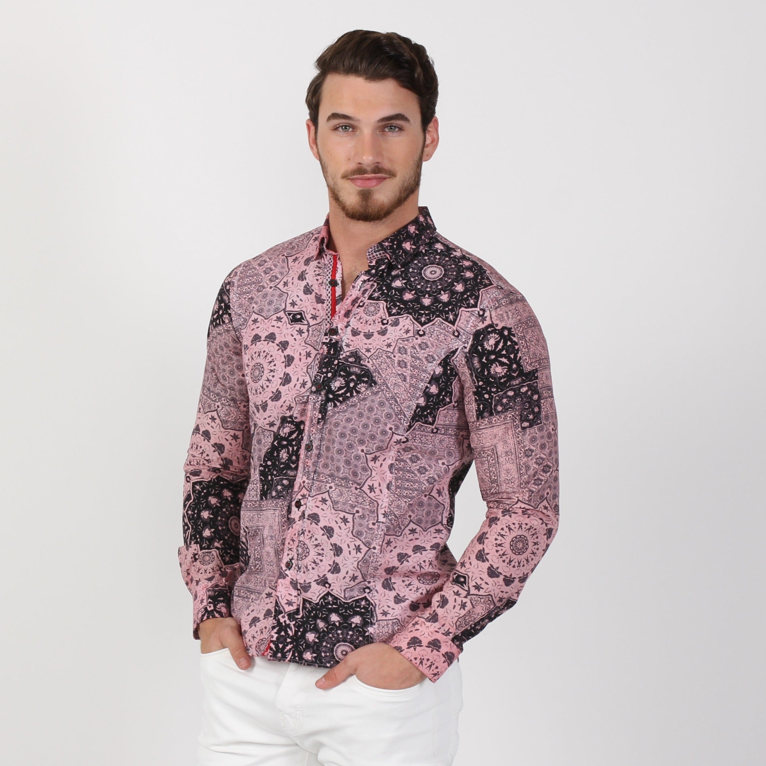pink pattern dress shirt Pink Floral Long Sleeve Men Button Up Shirt, Flowers Print White Casual Buttoned Collared Designer Dress Shirt with Chest Pocket