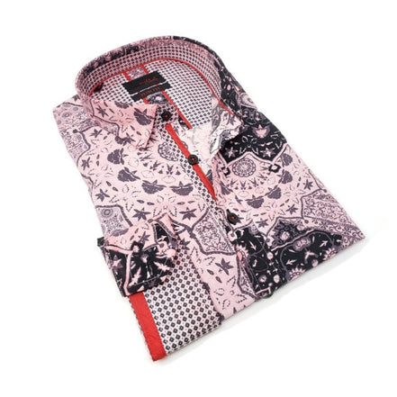 Pink Button Down Wheel Shirt W/ Red Trim Long Sleeve Button Down EightX   