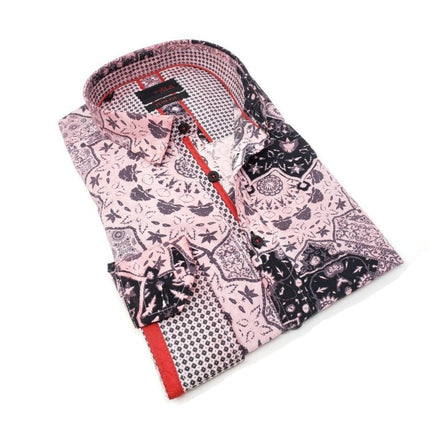 Pink Button Down Wheel Shirt W/ Red Trim Long Sleeve Button Down EightX   