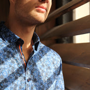 Navy Button Down Paisley Print Shirt W/ Dot Trim Long Sleeve Button Down Eight-X   