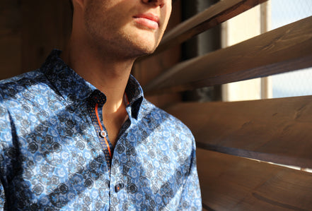 Navy Button Down Paisley Print Shirt W/ Dot Trim Long Sleeve Button Down Eight-X   