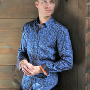 Navy Button Down Paisley Print Shirt W/ Dot Trim Long Sleeve Button Down Eight-X   