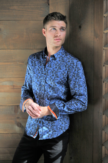 Navy Button Down Paisley Print Shirt W/ Dot Trim Long Sleeve Button Down Eight-X   