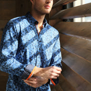 Navy Button Down Paisley Print Shirt W/ Dot Trim Long Sleeve Button Down Eight-X   