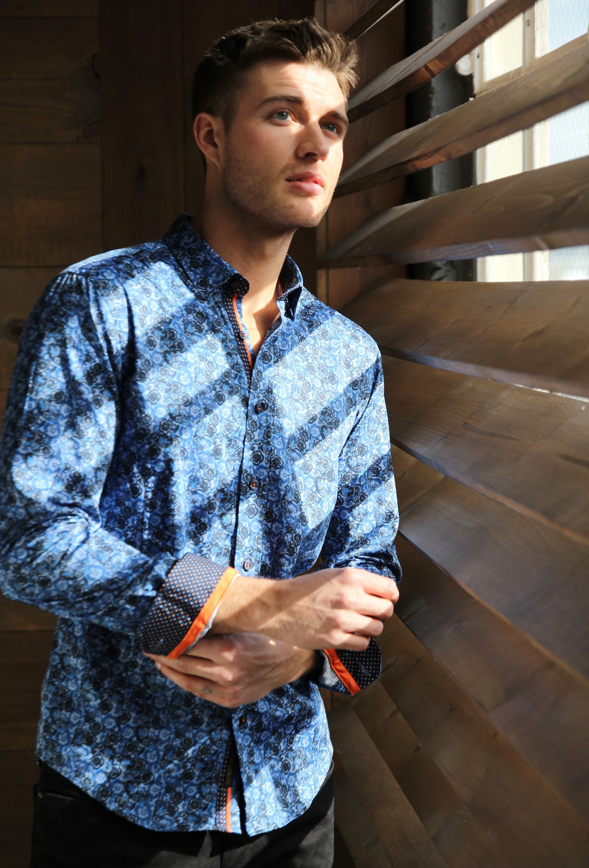 Navy Button Down Paisley Print Shirt W/ Dot Trim Long Sleeve Button Down Eight-X   