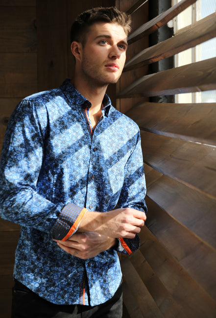 Navy Button Down Paisley Print Shirt W/ Dot Trim Long Sleeve Button Down Eight-X   