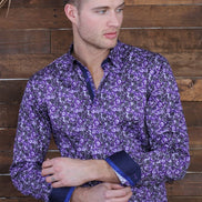 Purple Button Down Paisley Print Shirt W/ Trim Long Sleeve Button Down Eight-X   
