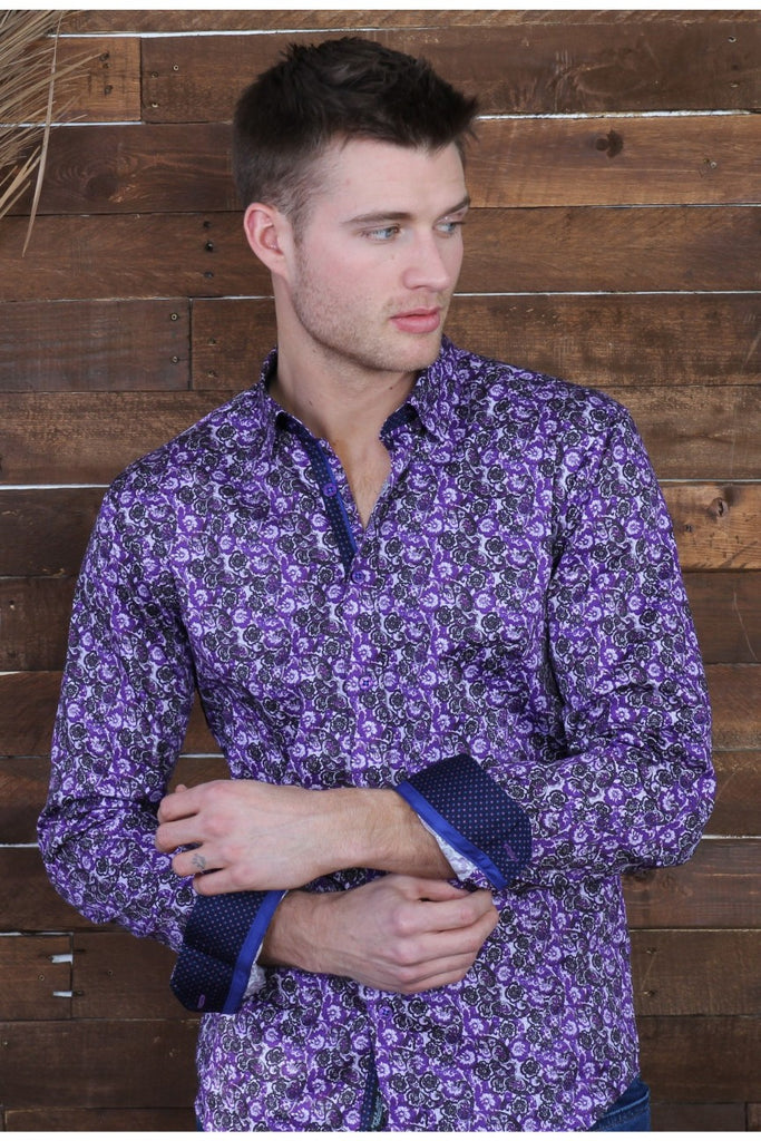 Purple Button Down Paisley Print Shirt W/ Trim Long Sleeve Button Down Eight-X   
