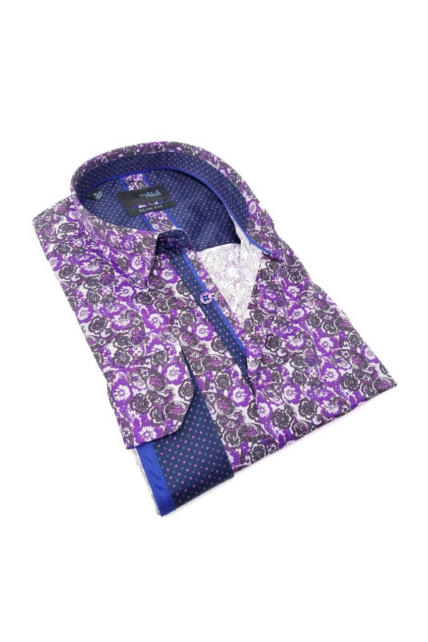 Eight-X | Designer Dress Shirts | Purple Digital Print Paisley Shirt w/ Trim Purple / S Eight-X | Designer Dress Shirts | Purple Digital Print Paisley Shirt w/ Trim Purple / S