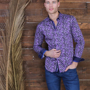 Purple Button Down Paisley Print Shirt W/ Trim Long Sleeve Button Down Eight-X   