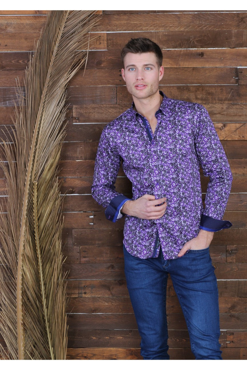 Purple Button Down Paisley Print Shirt W/ Trim Long Sleeve Button Down Eight-X   