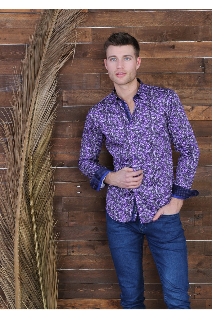 Purple Button Down Paisley Print Shirt W/ Trim Long Sleeve Button Down Eight-X   