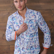 White Button Down Flying Bird Shirt W/ Dot Trim Long Sleeve Button Down Eight-X   