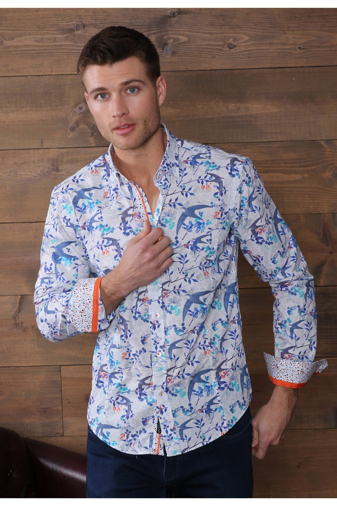 White Button Down Flying Bird Shirt W/ Dot Trim Long Sleeve Button Down Eight-X   