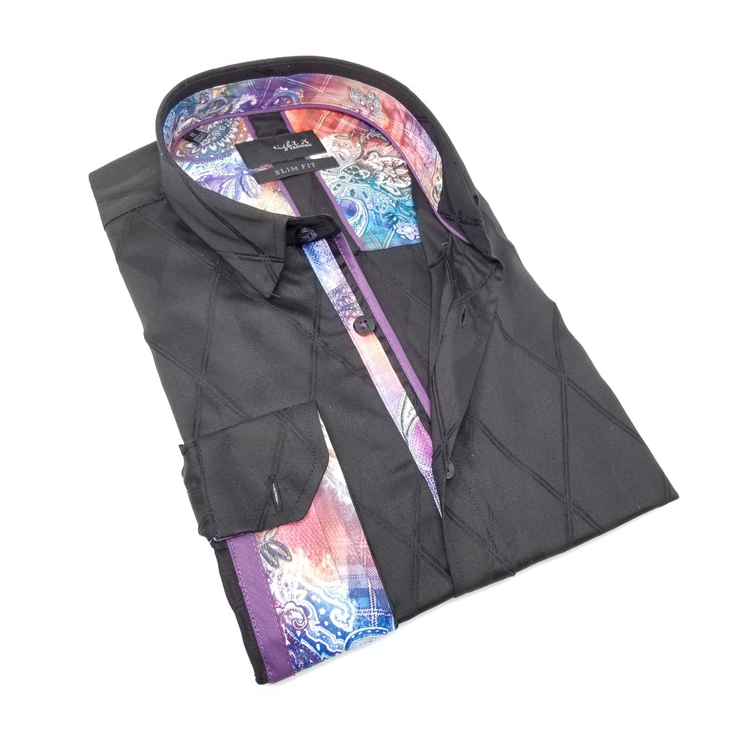 Black Diamond Button Down Jacquard Shirt W/ Colorful Trim Long Sleeve Button Down Eight-X BLACK S 