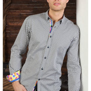 Black Button Down Print Shirt W/ Colorful Dot Trim Long Sleeve Button Down Eight-X   