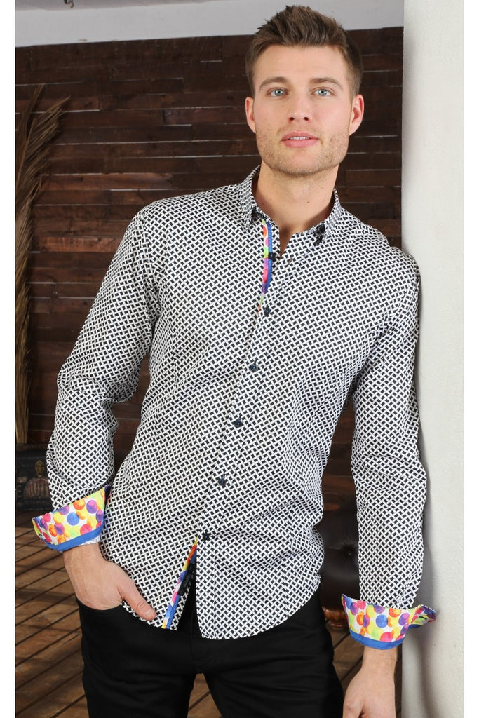 Black Button Down Print Shirt W/ Colorful Dot Trim Long Sleeve Button Down Eight-X   