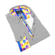Black Button Down Print Shirt W/ Colorful Dot Trim Long Sleeve Button Down Eight-X   