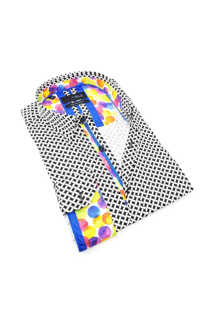 Black Button Down Print Shirt W/ Colorful Dot Trim Long Sleeve Button Down Eight-X   