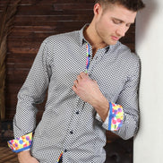 Black Button Down Print Shirt W/ Colorful Dot Trim Long Sleeve Button Down Eight-X   