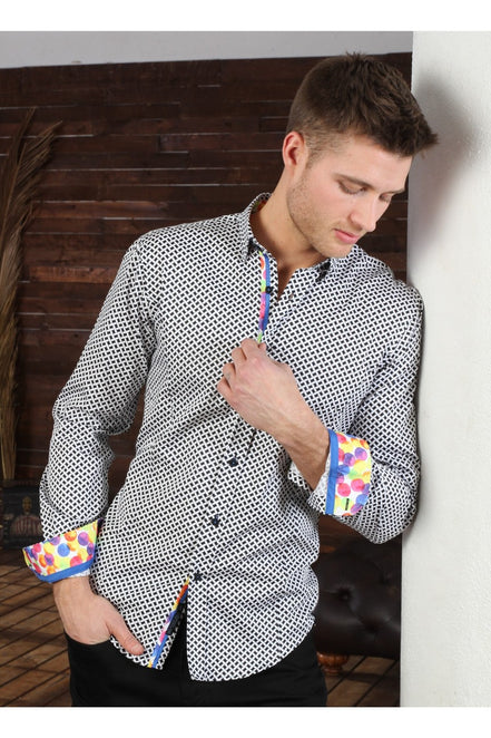 Black Button Down Print Shirt W/ Colorful Dot Trim Long Sleeve Button Down Eight-X   