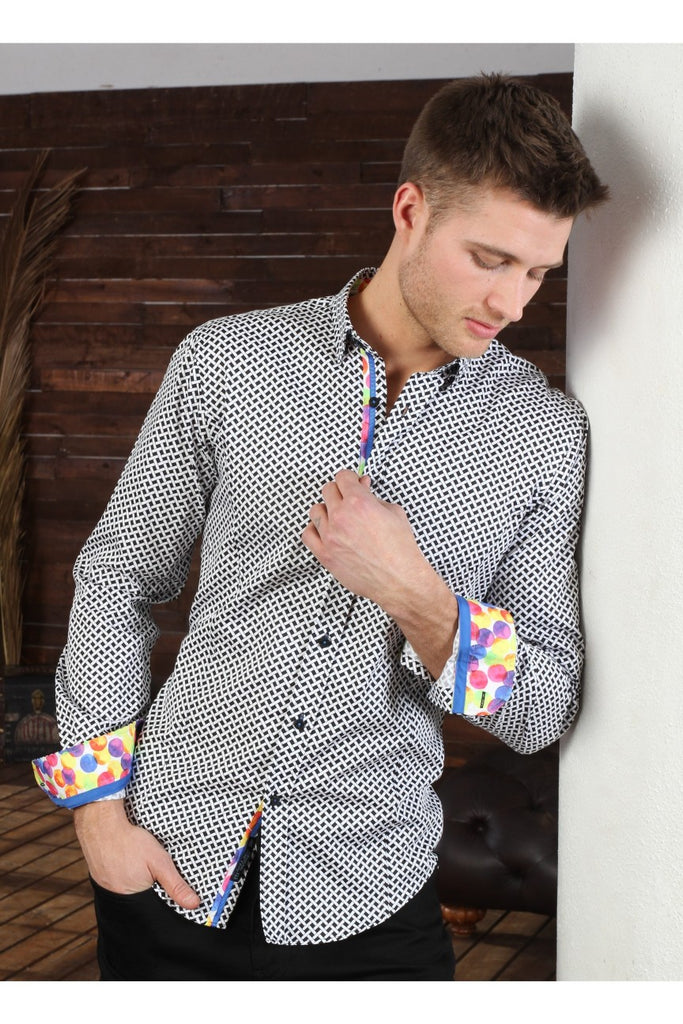 Black Button Down Print Shirt W/ Colorful Dot Trim Long Sleeve Button Down Eight-X   