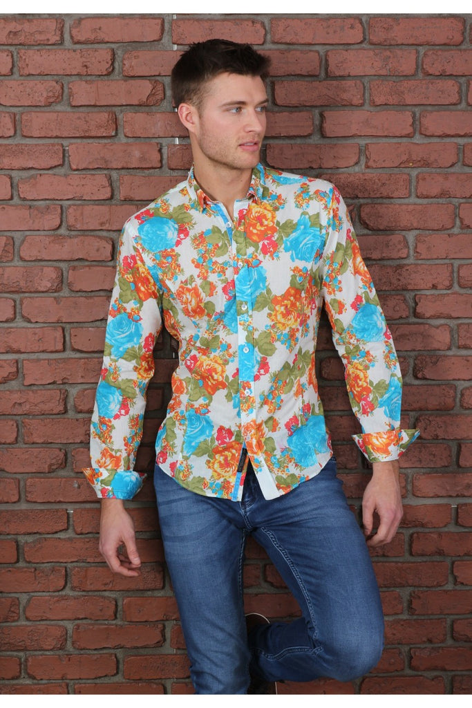 Colorful Floral Roses Button Down Shirt Long Sleeve Button Down Eight-X   