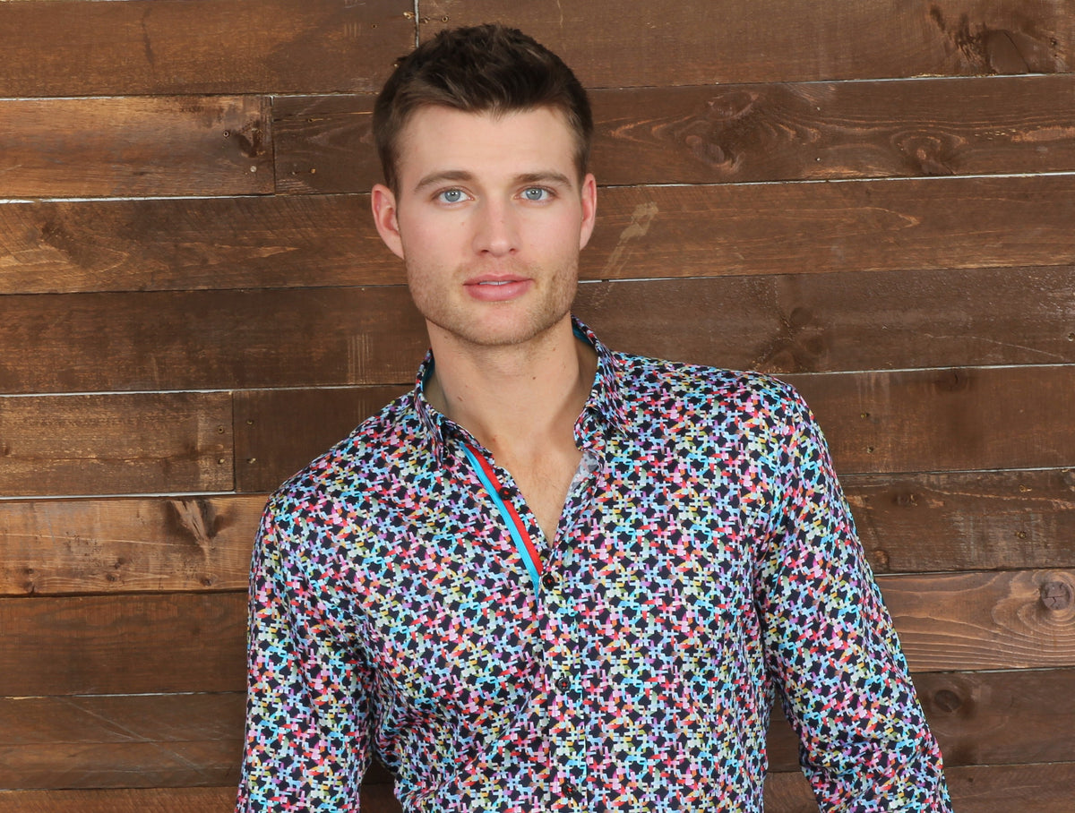 Multi Color Button Down Shirt With Blue/Red Trim Long Sleeve Button Down Eight-X   