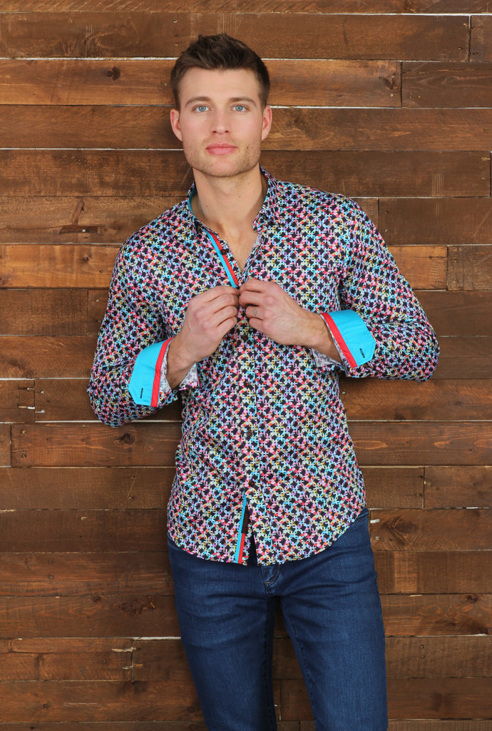 Multi Color Button Down Shirt With Blue/Red Trim Long Sleeve Button Down Eight-X   