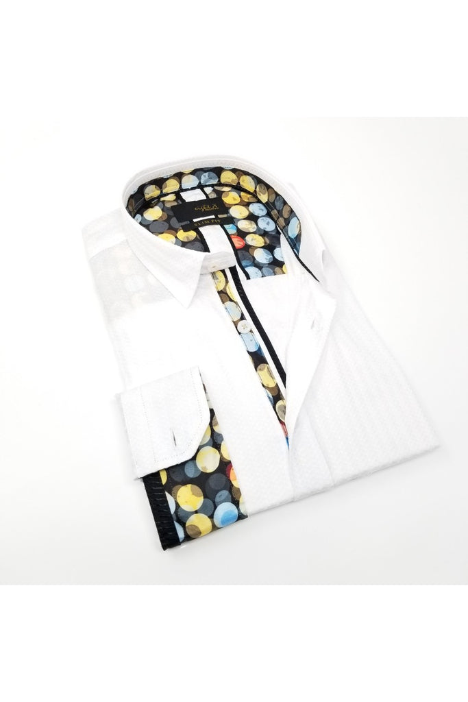 White Jacquard Button Down Shirt W/ Contrasting Trim Long Sleeve Button Down Eight-X   