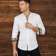 White Jacquard Button Down Shirt W/ Contrasting Trim Long Sleeve Button Down Eight-X   