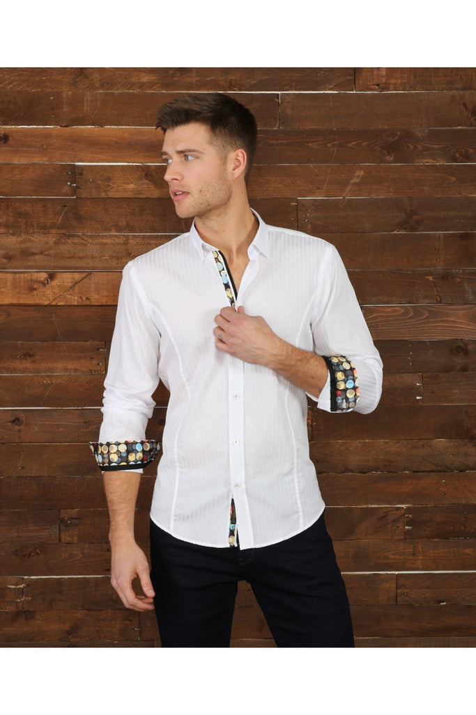 White Jacquard Button Down Shirt W/ Contrasting Trim Long Sleeve Button Down Eight-X   