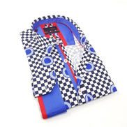 Blue Digital Print Shirt With Checkerboard Design Long Sleeve Button Down Eight-X   