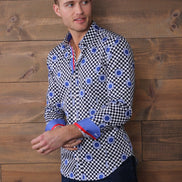 Blue Digital Print Shirt With Checkerboard Design Long Sleeve Button Down Eight-X   