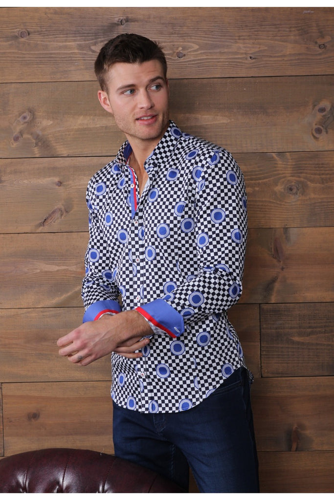 Blue Digital Print Shirt With Checkerboard Design Long Sleeve Button Down Eight-X   