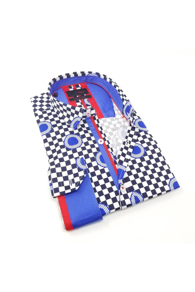 Blue Digital Print Shirt With Checkerboard Design Long Sleeve Button Down Eight-X   