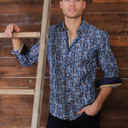 Navy Jacquard Button Down Shirt W/ Paisley Flocking Long Sleeve Button Down Eight-X   