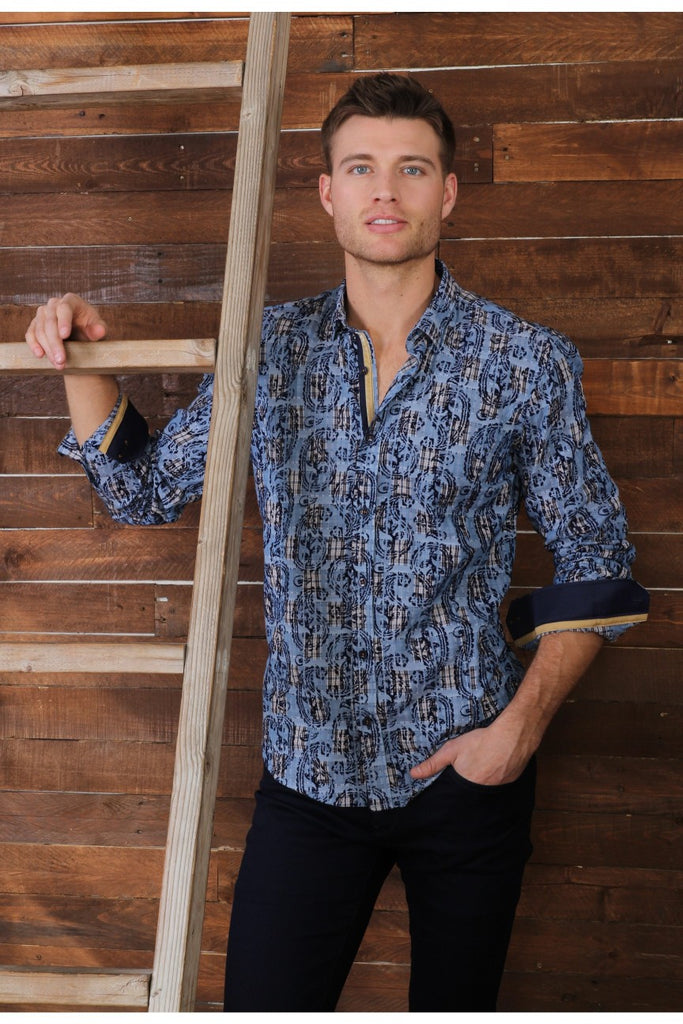 Navy Jacquard Button Down Shirt W/ Paisley Flocking Long Sleeve Button Down Eight-X   