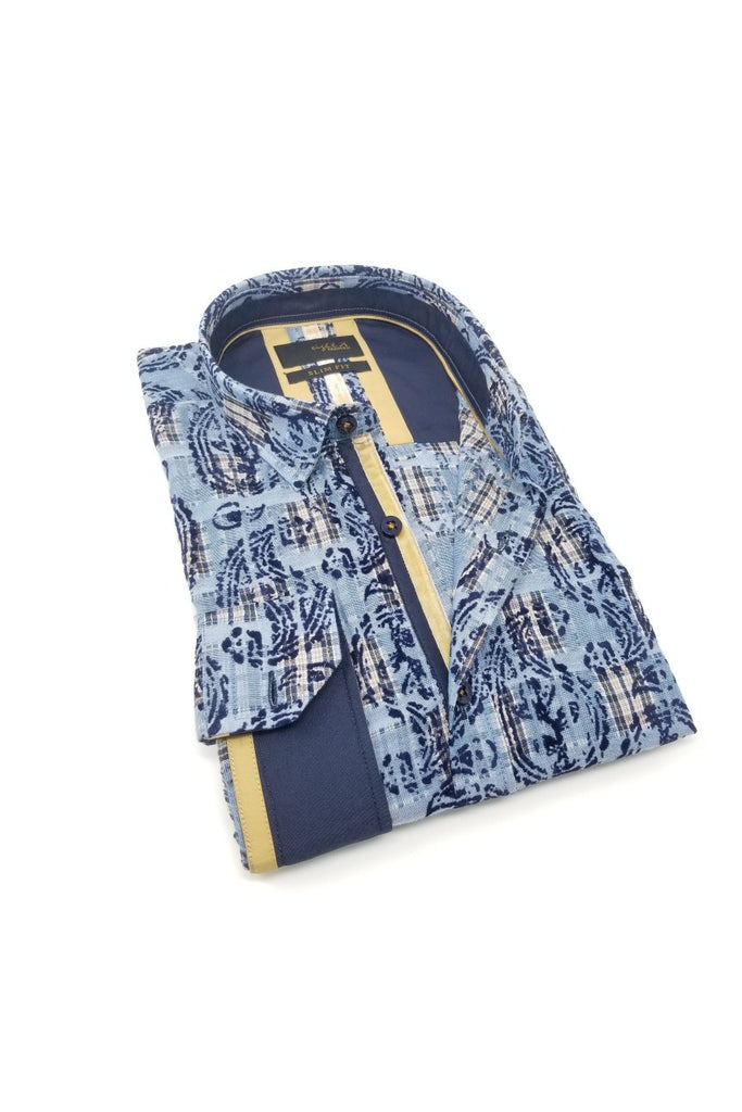 Navy Jacquard Button Down Shirt W/ Paisley Flocking Long Sleeve Button Down Eight-X   