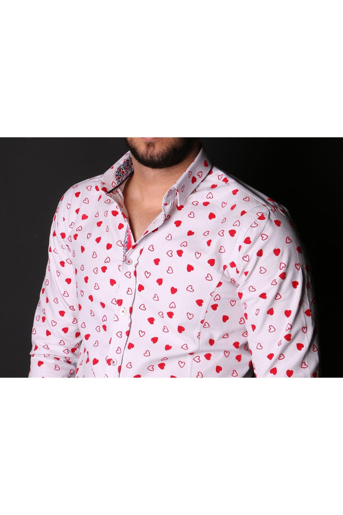 White Button Down Shirt W/ Flocking Hearts Long Sleeve Button Down Eight-X   