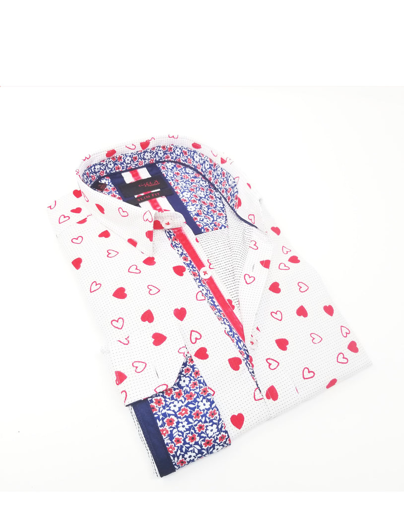 White Button Down Shirt W/ Flocking Hearts Long Sleeve Button Down Eight-X   