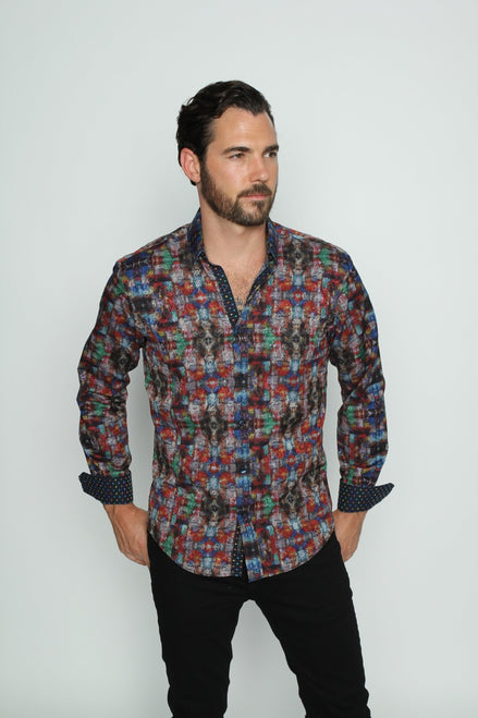 Multi Color Dark Paisley Button Down Shirt Long Sleeve Button Down Eight-X   